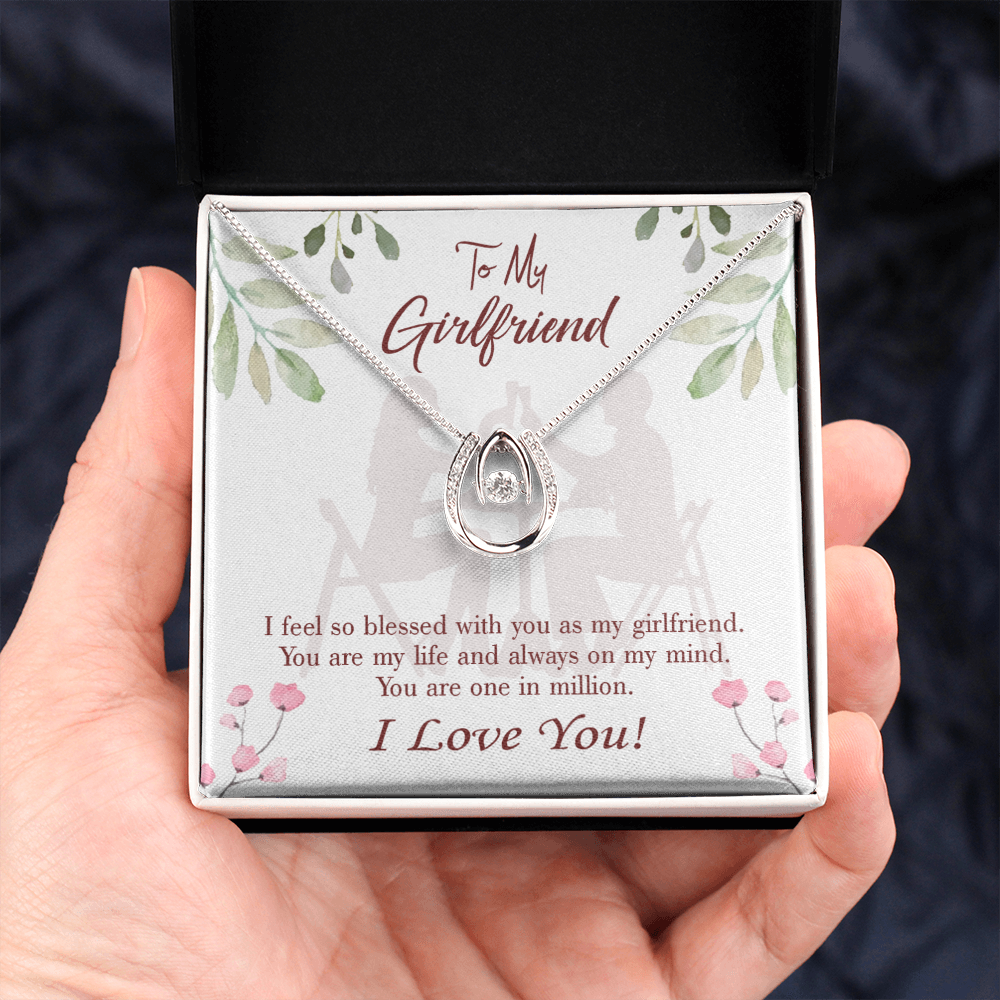 To My Girlfriend One in Million Lucky Horseshoe Necklace Message Card 14k w CZ Crystals-Express Your Love Gifts