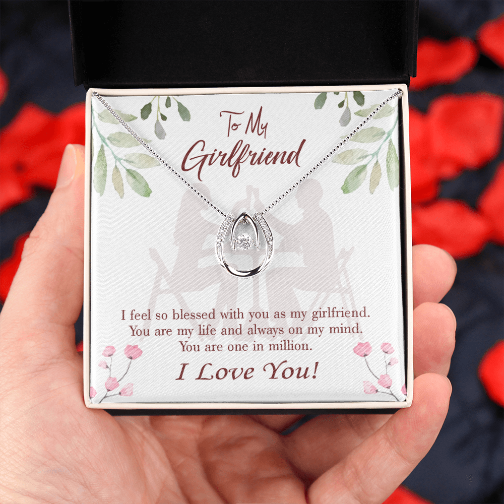 To My Girlfriend One in Million Lucky Horseshoe Necklace Message Card 14k w CZ Crystals-Express Your Love Gifts