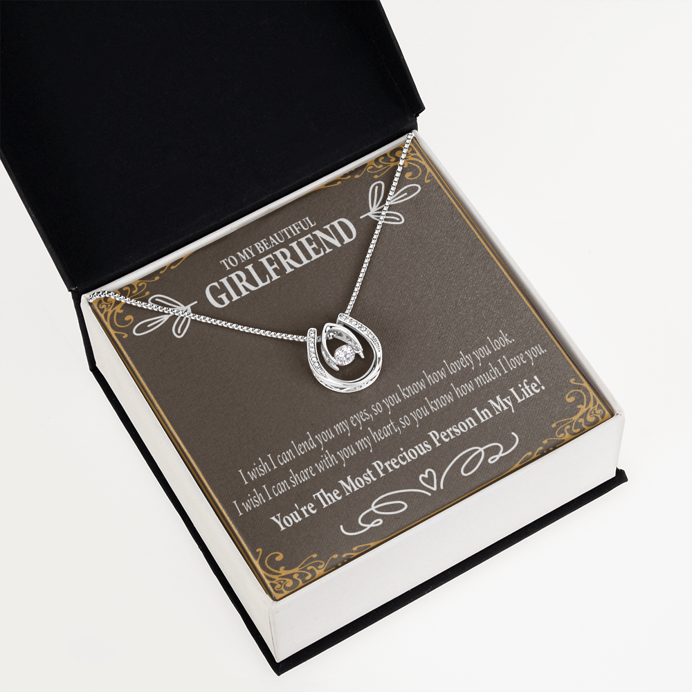 To My Girlfriend Precious Love Lucky Horseshoe Necklace Message Card 14k w CZ Crystals-Express Your Love Gifts