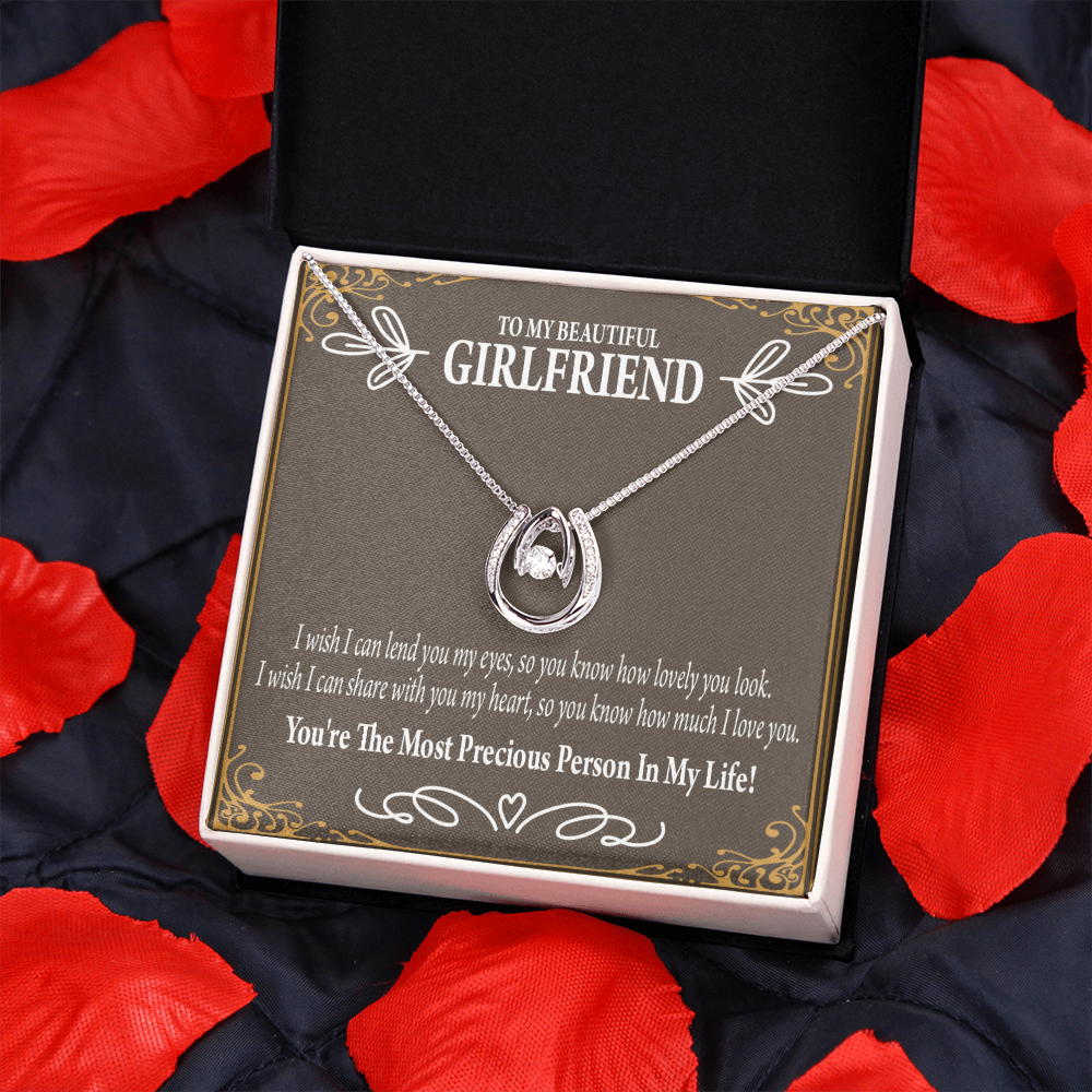 To My Girlfriend Precious Love Lucky Horseshoe Necklace Message Card 14k w CZ Crystals-Express Your Love Gifts