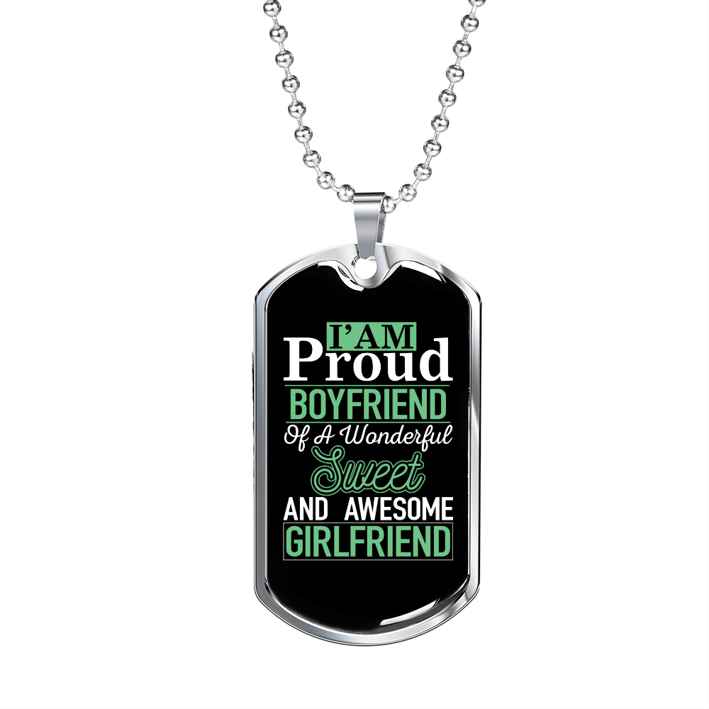 To My Girlfriend Proud Boyfriend of Awesome Girlfriend Necklace Stainless Steel or 18k Gold Dog Tag 24" Chain-Express Your Love Gifts