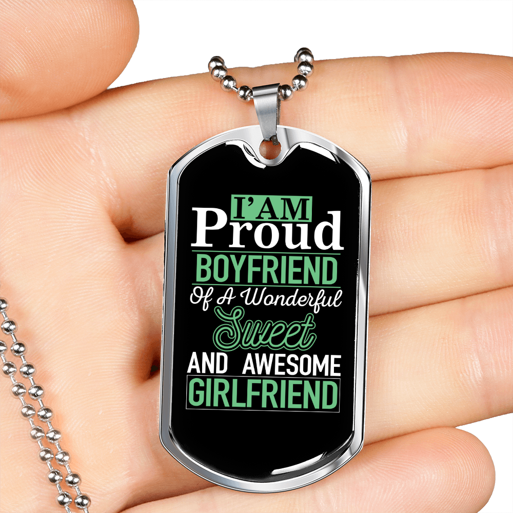 To My Girlfriend Proud Boyfriend of Awesome Girlfriend Necklace Stainless Steel or 18k Gold Dog Tag 24" Chain-Express Your Love Gifts