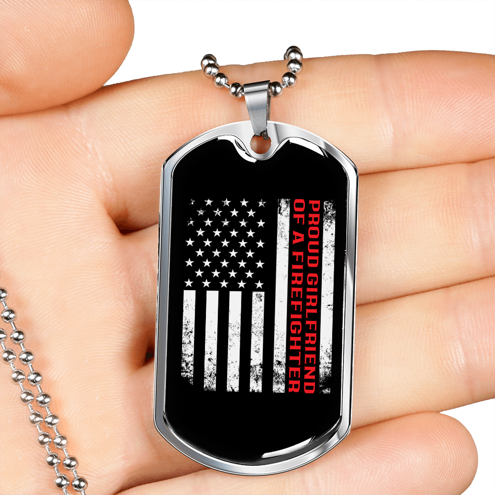 To My Girlfriend Proud Firefighter Girlfriend Distressed Flag Necklace Stainless Steel or 18k Gold Dog Tag 24" Chain-Express Your Love Gifts