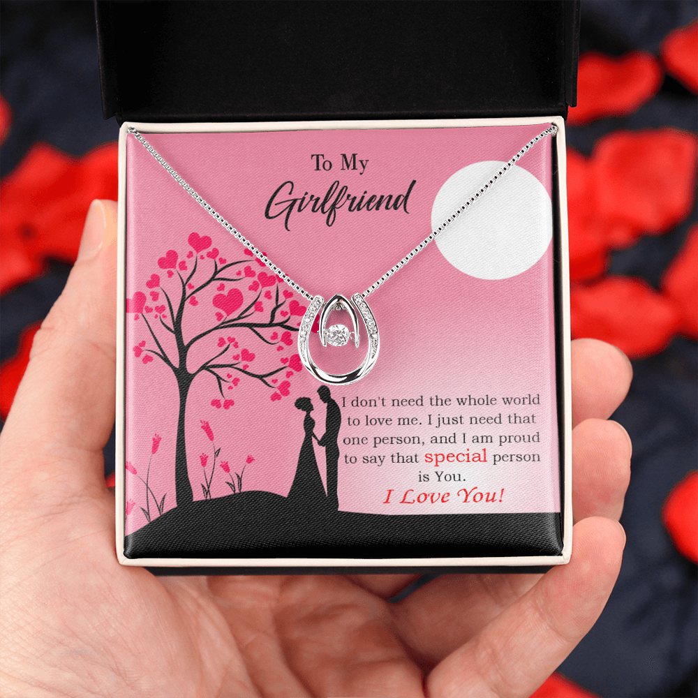 To My Girlfriend Special Person is You Lucky Horseshoe Necklace Message Card 14k w CZ Crystals-Express Your Love Gifts
