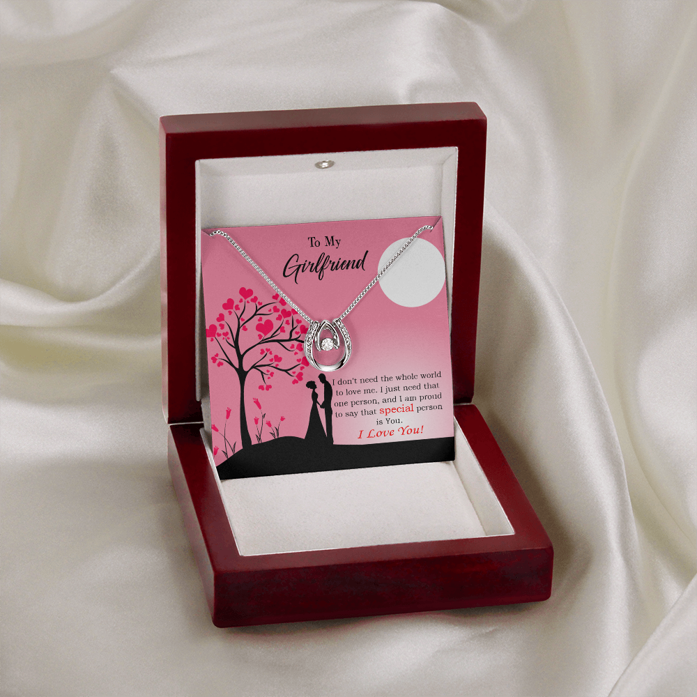 To My Girlfriend Special Person is You Lucky Horseshoe Necklace Message Card 14k w CZ Crystals-Express Your Love Gifts