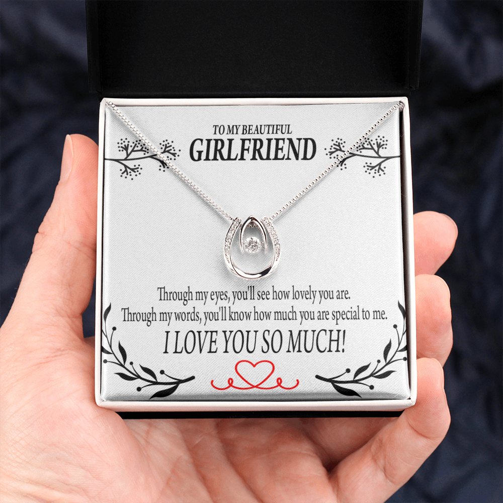 To My Girlfriend Special to Me Lucky Horseshoe Necklace Message Card 14k w CZ Crystals-Express Your Love Gifts