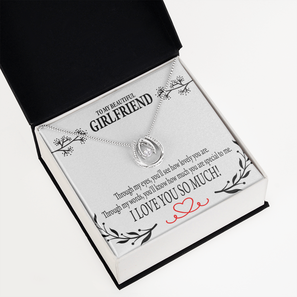 To My Girlfriend Special to Me Lucky Horseshoe Necklace Message Card 14k w CZ Crystals-Express Your Love Gifts