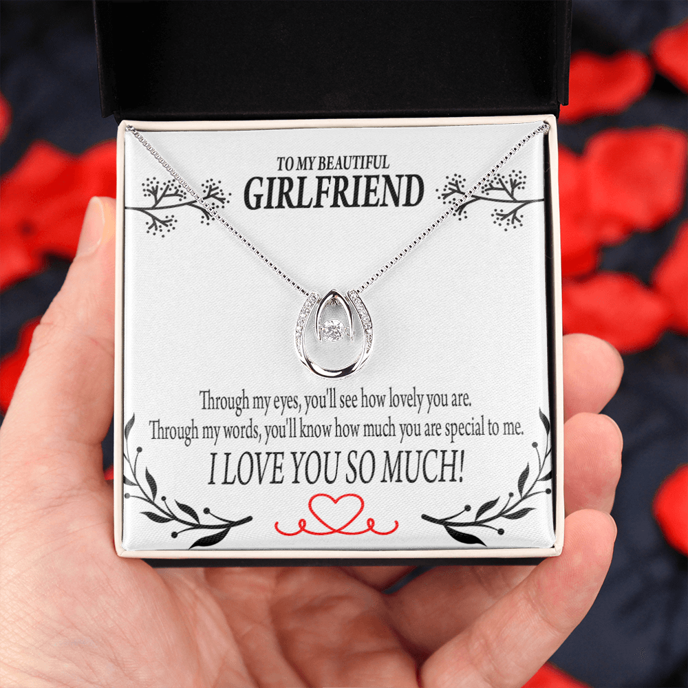 To My Girlfriend Special to Me Lucky Horseshoe Necklace Message Card 14k w CZ Crystals-Express Your Love Gifts