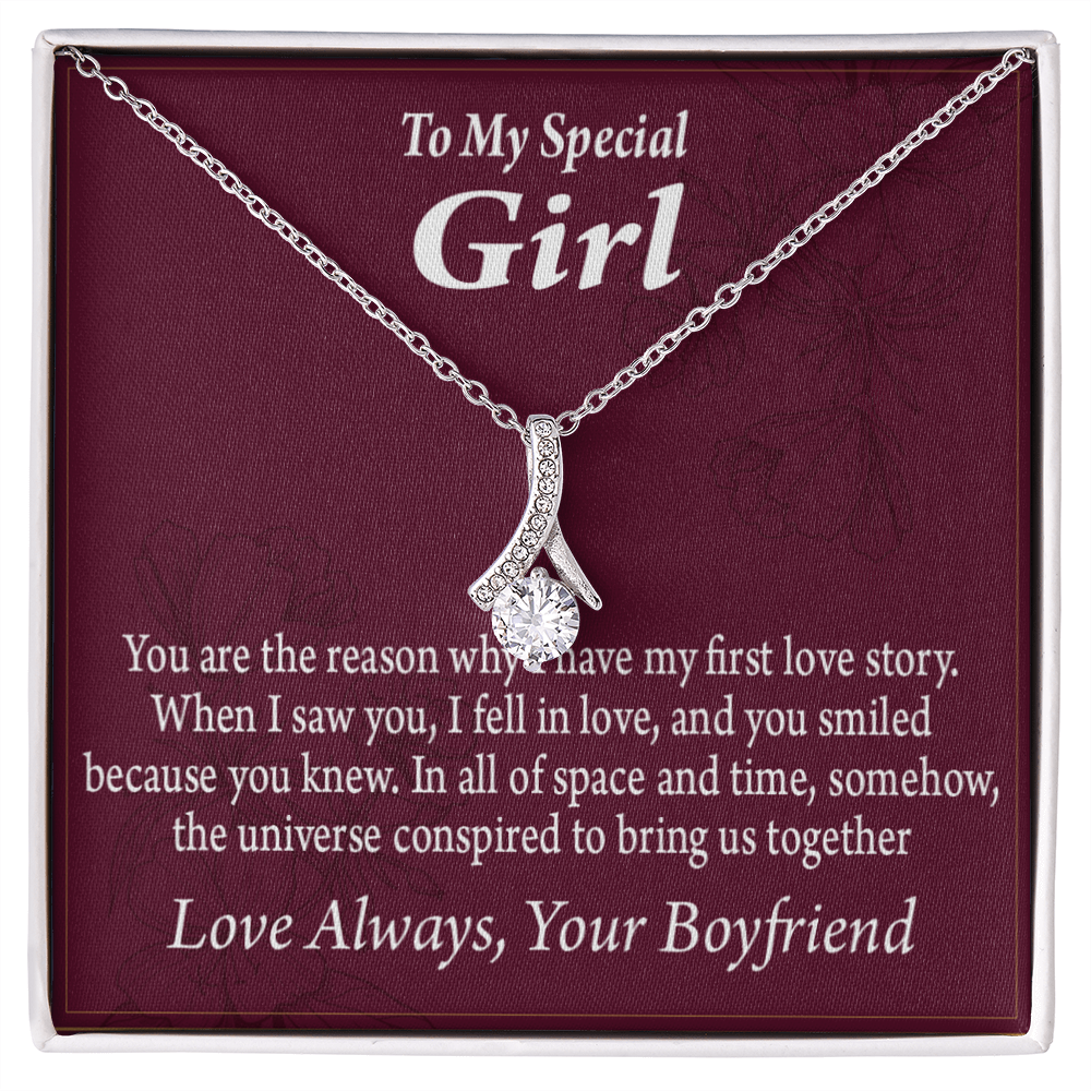To My Girlfriend The Reason For First Love Story Alluring Ribbon Necklace Message Card-Express Your Love Gifts