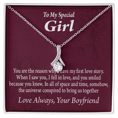 To My Girlfriend The Reason For First Love Story Alluring Ribbon Necklace Message Card-Express Your Love Gifts