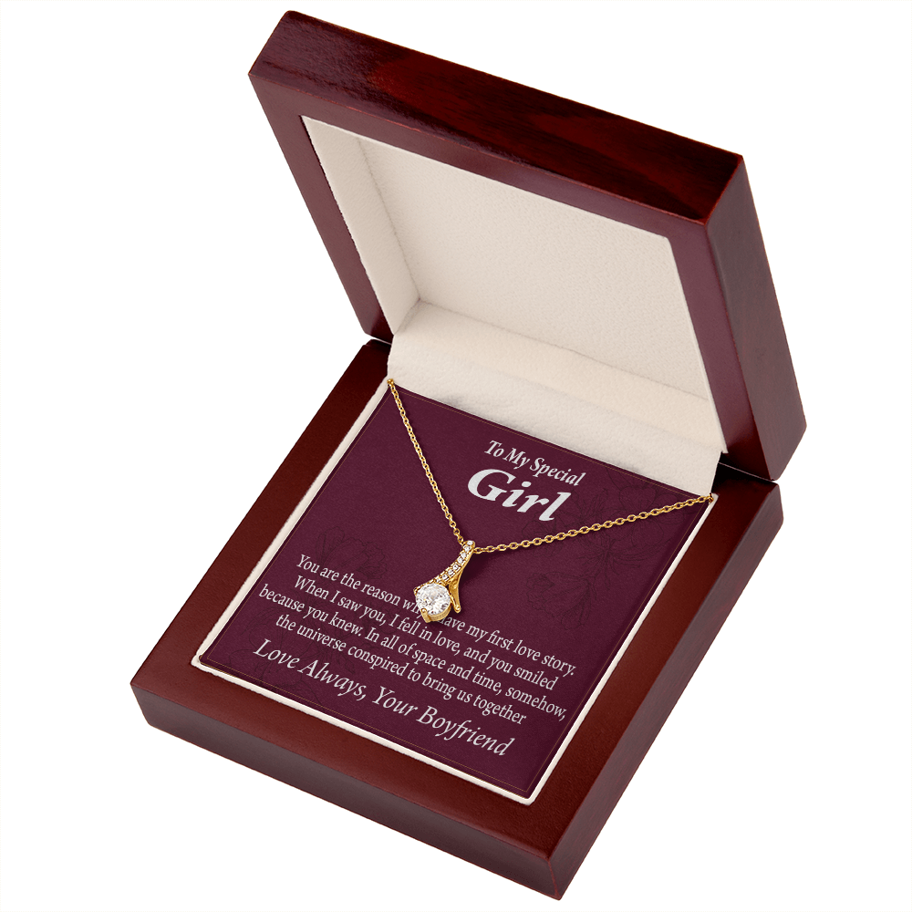 To My Girlfriend The Reason For First Love Story Alluring Ribbon Necklace Message Card-Express Your Love Gifts