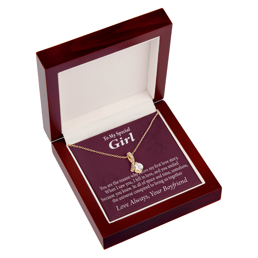 To My Girlfriend The Reason For First Love Story Alluring Ribbon Necklace Message Card-Express Your Love Gifts