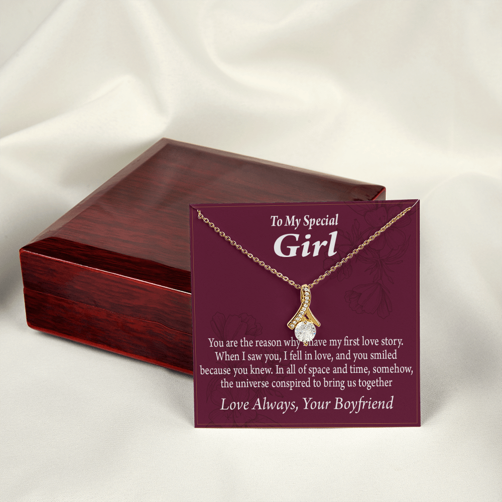 To My Girlfriend The Reason For First Love Story Alluring Ribbon Necklace Message Card-Express Your Love Gifts