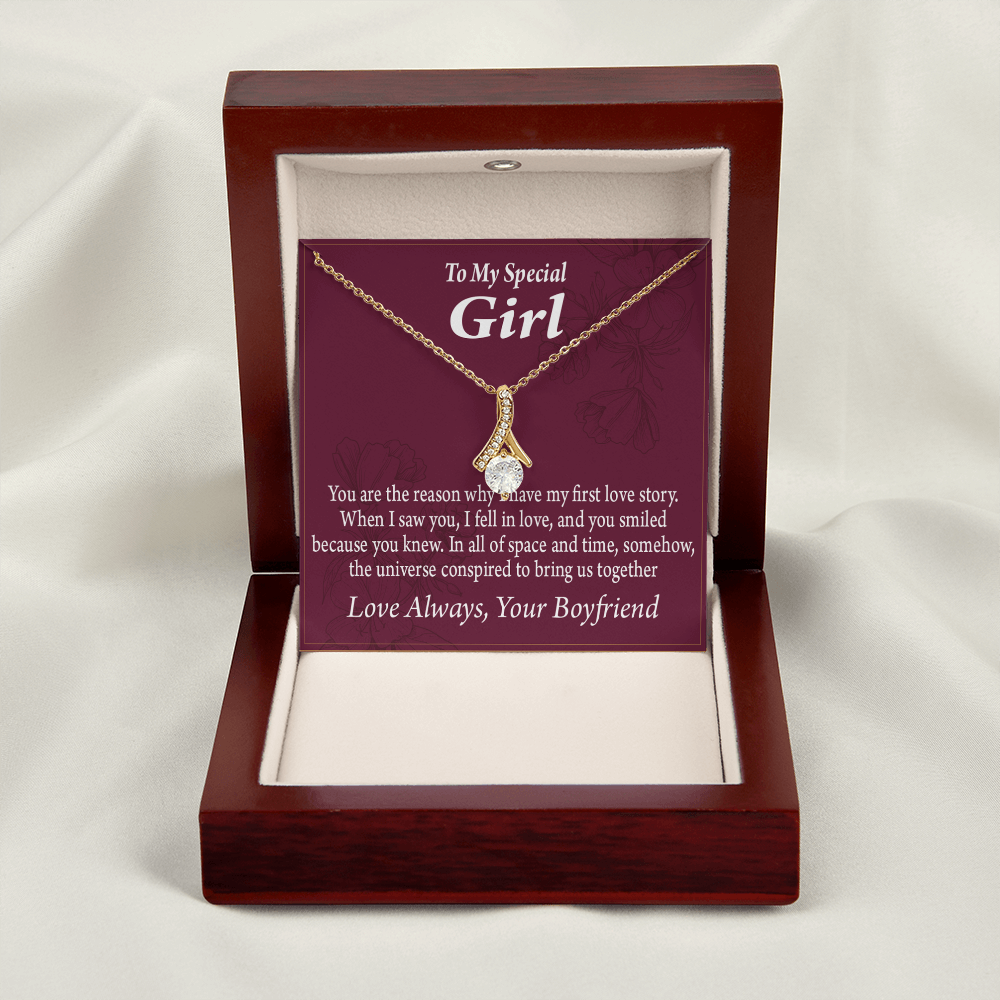 To My Girlfriend The Reason For First Love Story Alluring Ribbon Necklace Message Card-Express Your Love Gifts