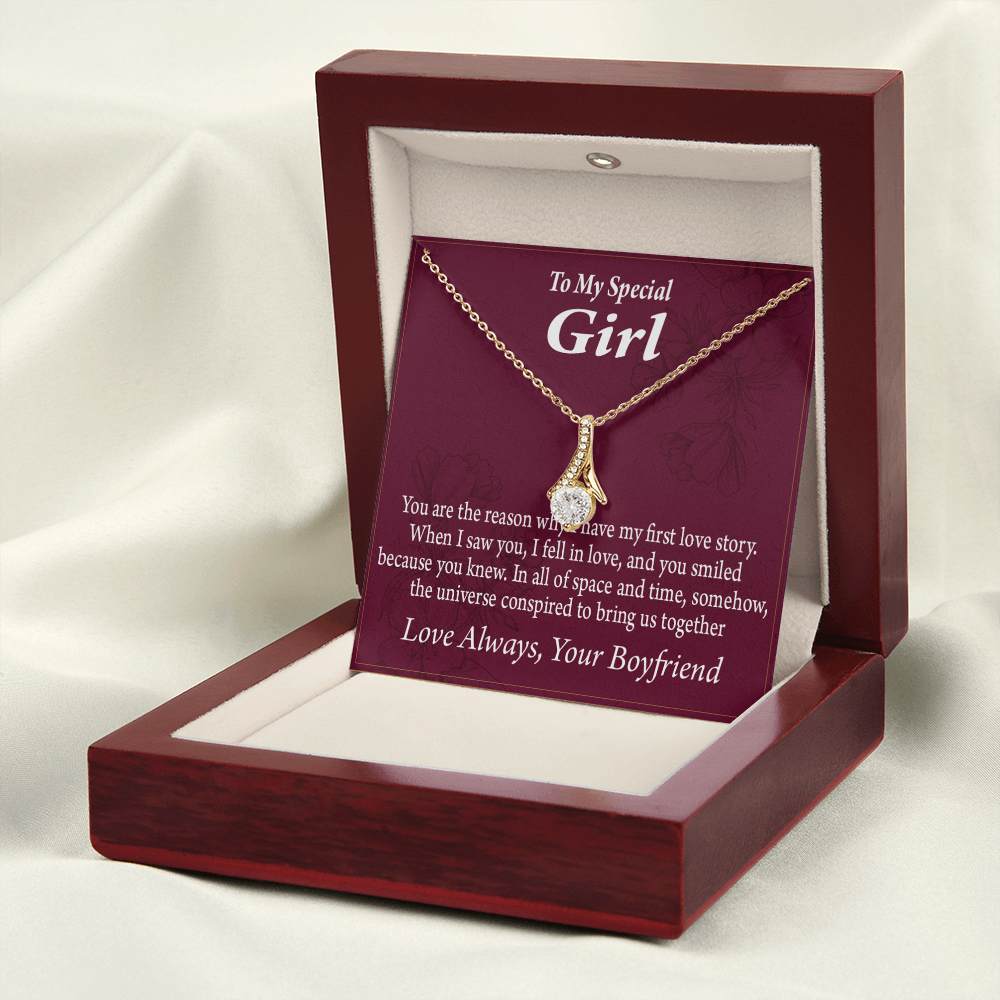 To My Girlfriend The Reason For First Love Story Alluring Ribbon Necklace Message Card-Express Your Love Gifts