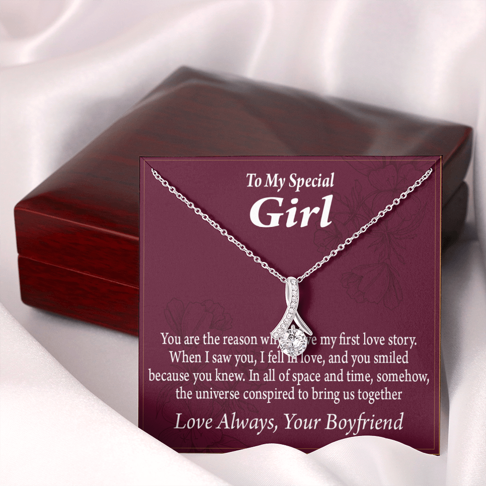 To My Girlfriend The Reason For First Love Story Alluring Ribbon Necklace Message Card-Express Your Love Gifts