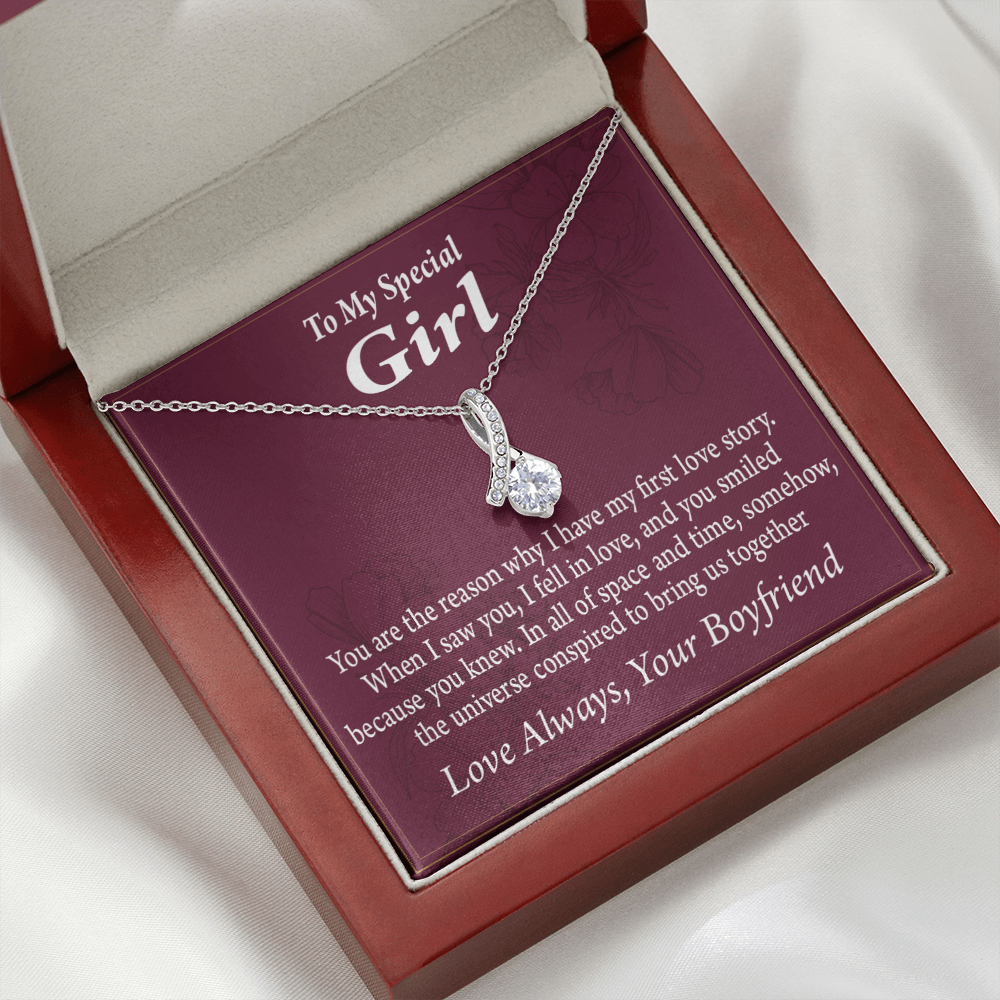To My Girlfriend The Reason For First Love Story Alluring Ribbon Necklace Message Card-Express Your Love Gifts