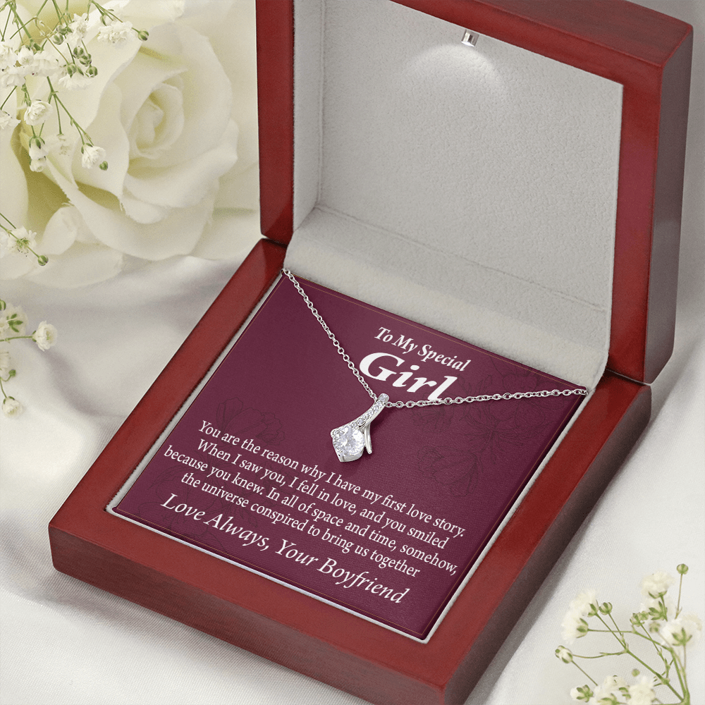 To My Girlfriend The Reason For First Love Story Alluring Ribbon Necklace Message Card-Express Your Love Gifts
