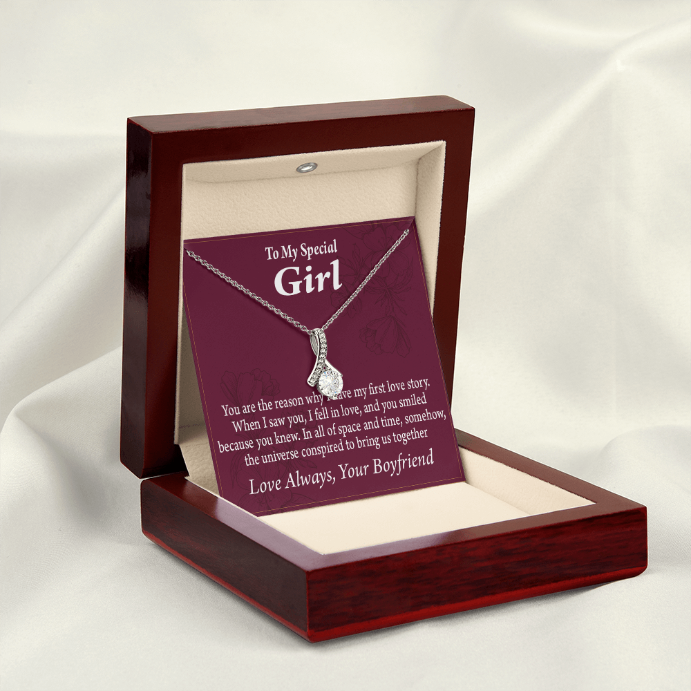 To My Girlfriend The Reason For First Love Story Alluring Ribbon Necklace Message Card-Express Your Love Gifts