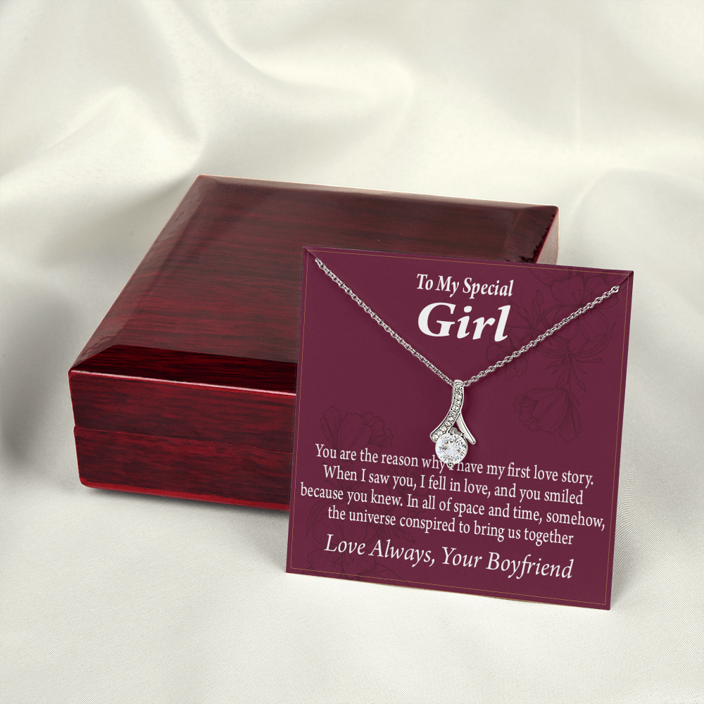 To My Girlfriend The Reason For First Love Story Alluring Ribbon Necklace Message Card-Express Your Love Gifts