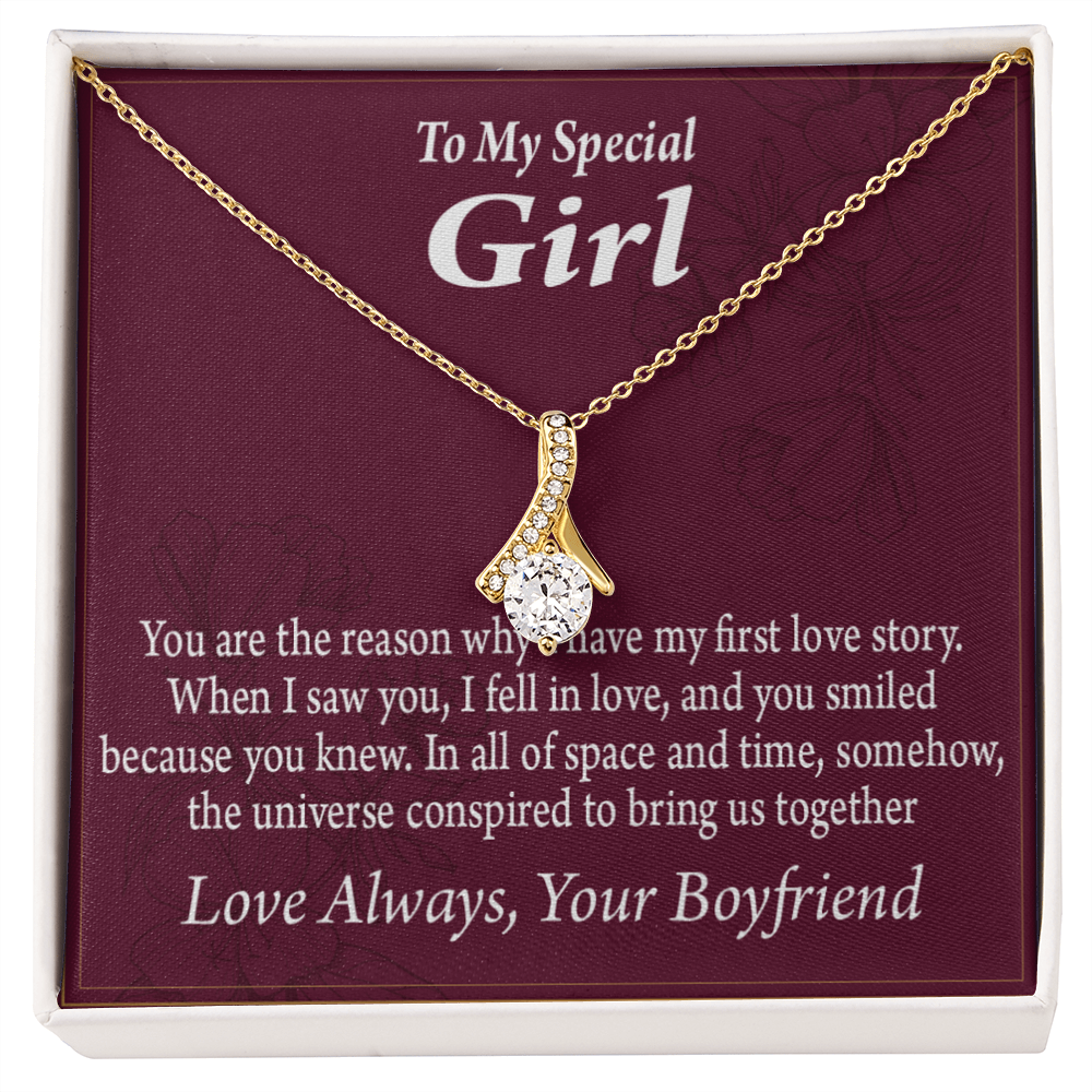 To My Girlfriend The Reason For First Love Story Alluring Ribbon Necklace Message Card-Express Your Love Gifts