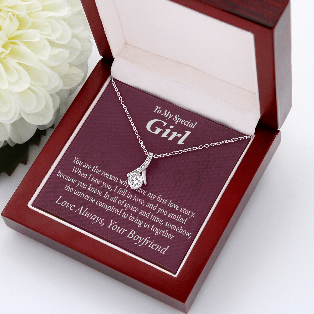 To My Girlfriend The Reason For First Love Story Alluring Ribbon Necklace Message Card-Express Your Love Gifts