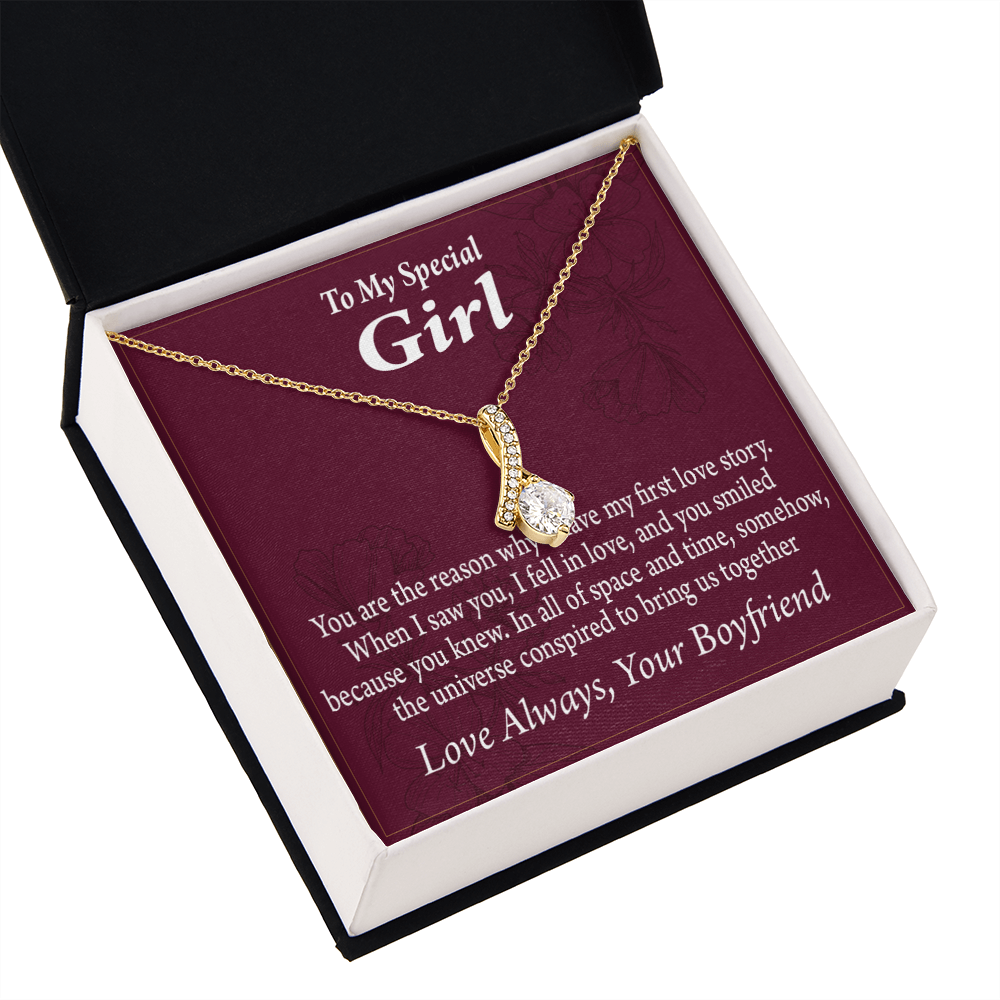 To My Girlfriend The Reason For First Love Story Alluring Ribbon Necklace Message Card-Express Your Love Gifts