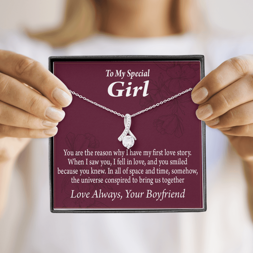 To My Girlfriend The Reason For First Love Story Alluring Ribbon Necklace Message Card-Express Your Love Gifts