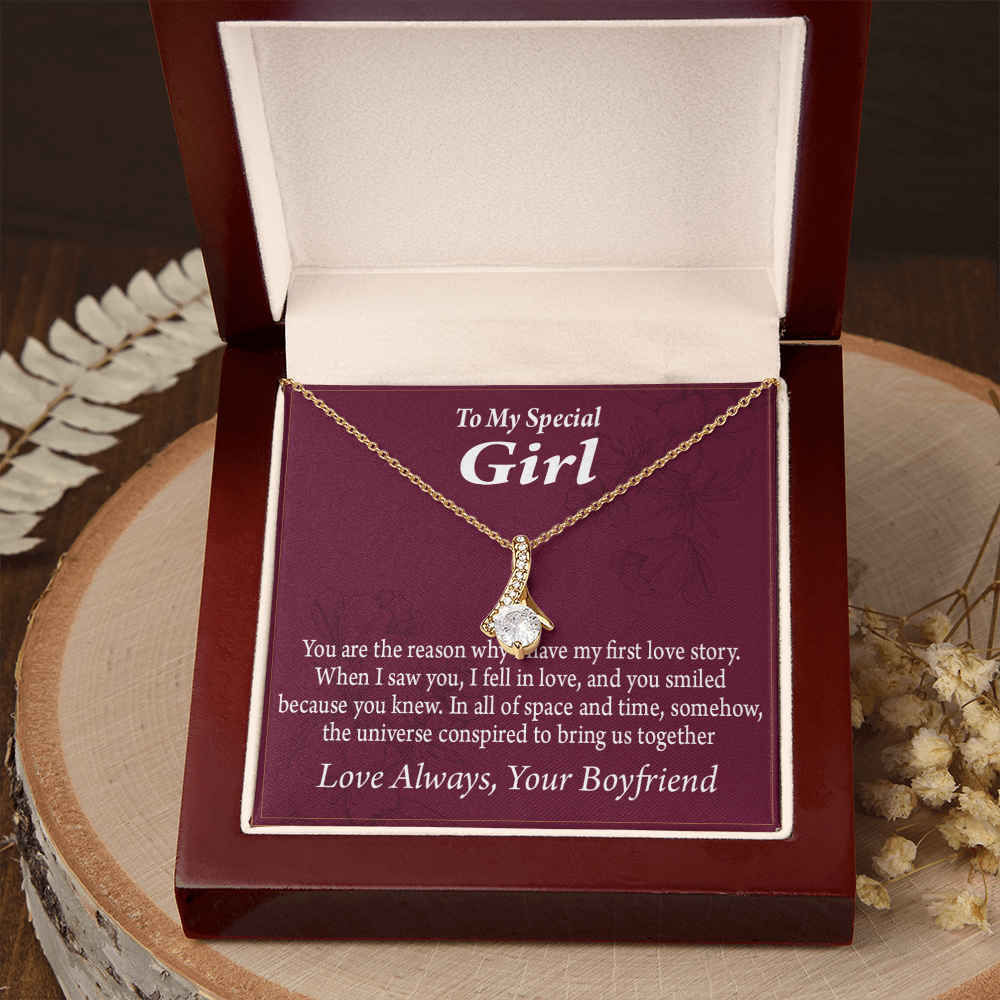 To My Girlfriend The Reason For First Love Story Alluring Ribbon Necklace Message Card-Express Your Love Gifts