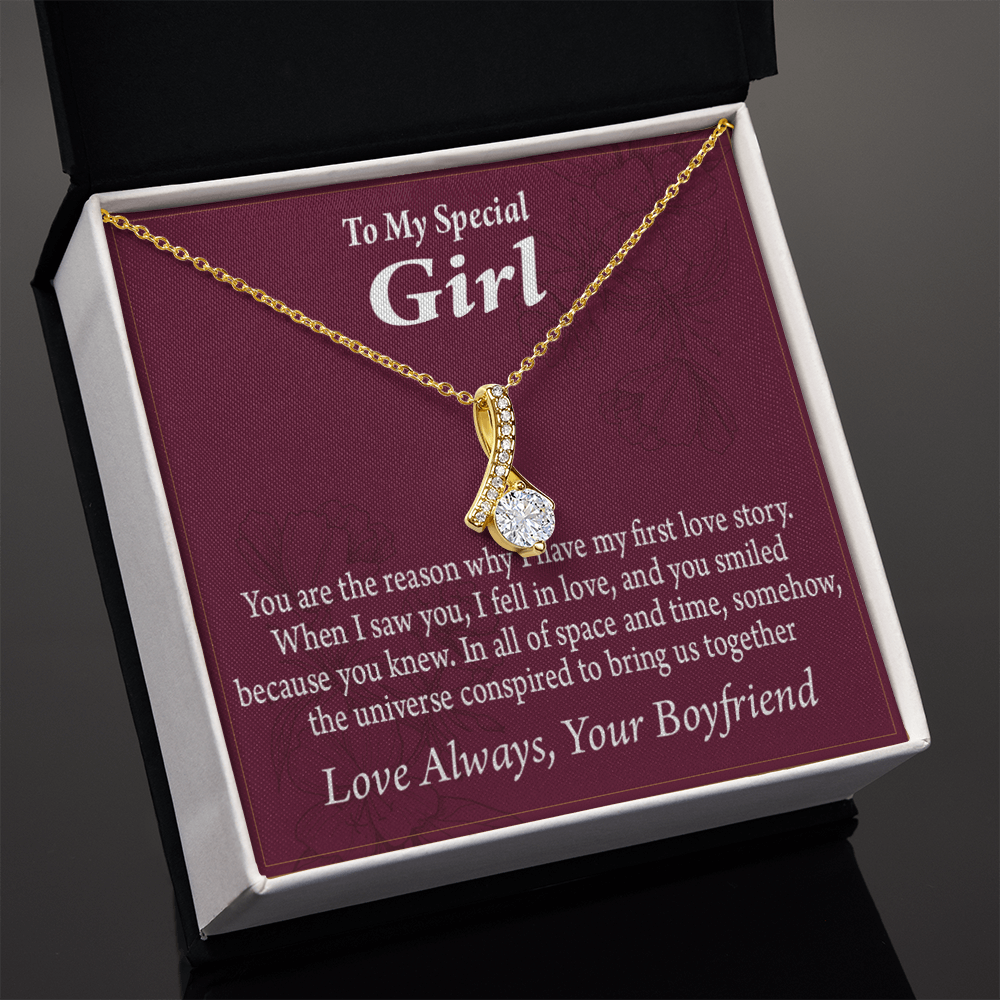 To My Girlfriend The Reason For First Love Story Alluring Ribbon Necklace Message Card-Express Your Love Gifts