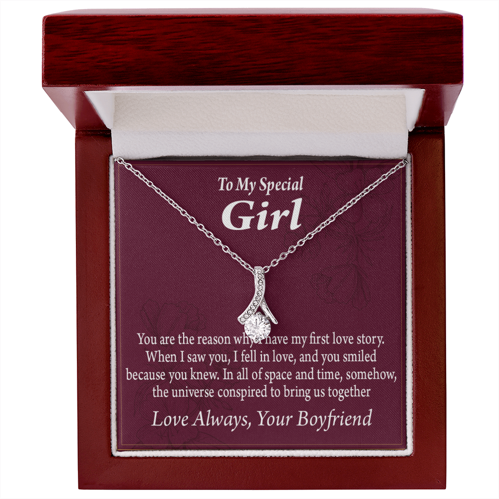To My Girlfriend The Reason For First Love Story Alluring Ribbon Necklace Message Card-Express Your Love Gifts