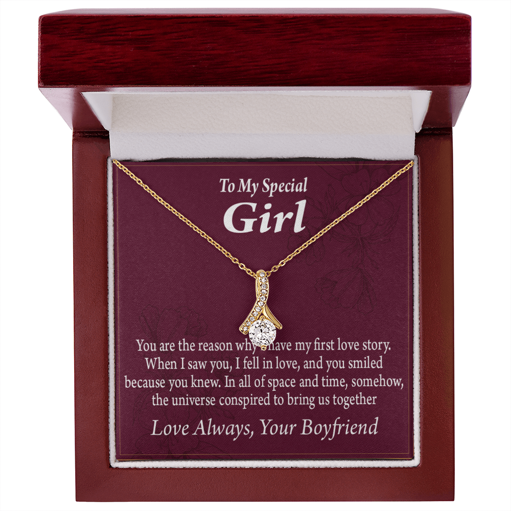To My Girlfriend The Reason For First Love Story Alluring Ribbon Necklace Message Card-Express Your Love Gifts