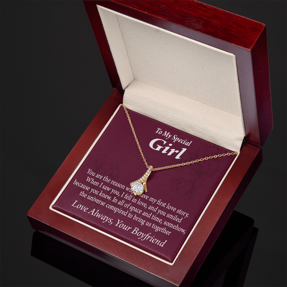 To My Girlfriend The Reason For First Love Story Alluring Ribbon Necklace Message Card-Express Your Love Gifts