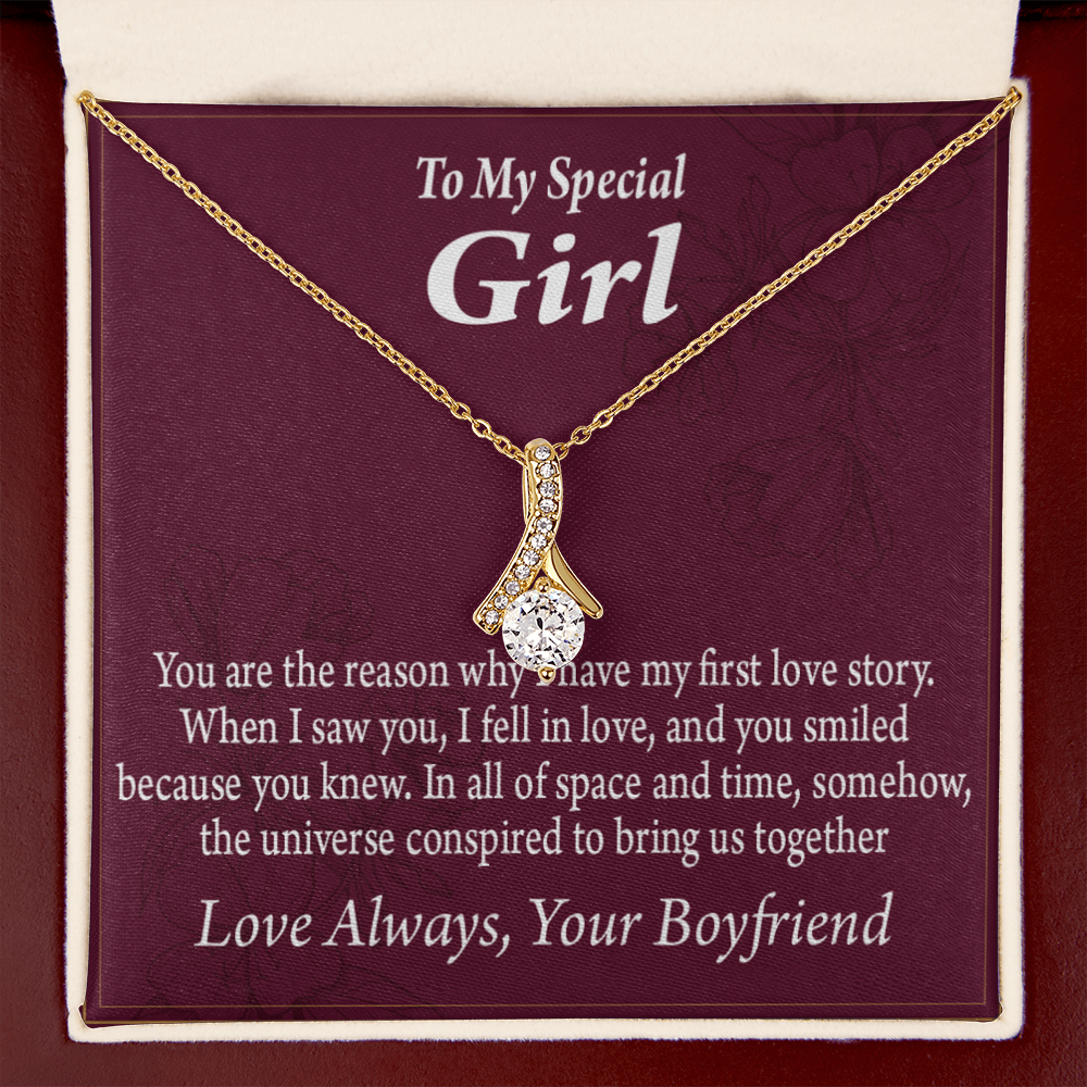 To My Girlfriend The Reason For First Love Story Alluring Ribbon Necklace Message Card-Express Your Love Gifts
