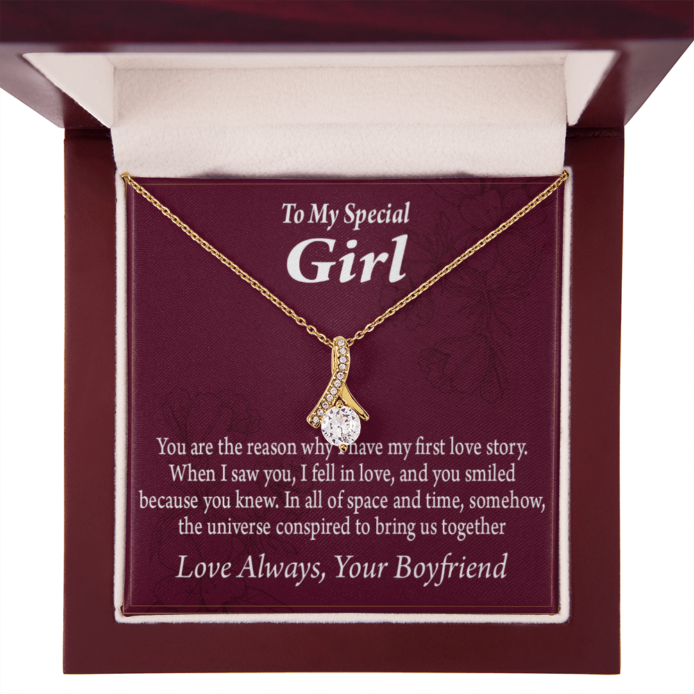 To My Girlfriend The Reason For First Love Story Alluring Ribbon Necklace Message Card-Express Your Love Gifts