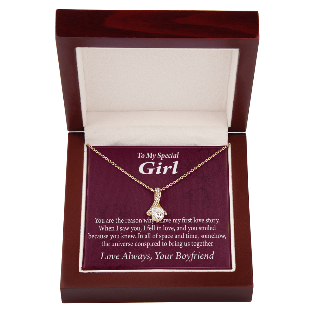 To My Girlfriend The Reason For First Love Story Alluring Ribbon Necklace Message Card-Express Your Love Gifts