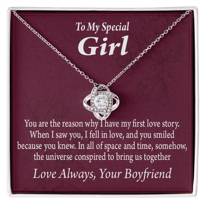 To My Girlfriend The Reason For First Love Story Infinity Knot Necklace Message Card-Express Your Love Gifts