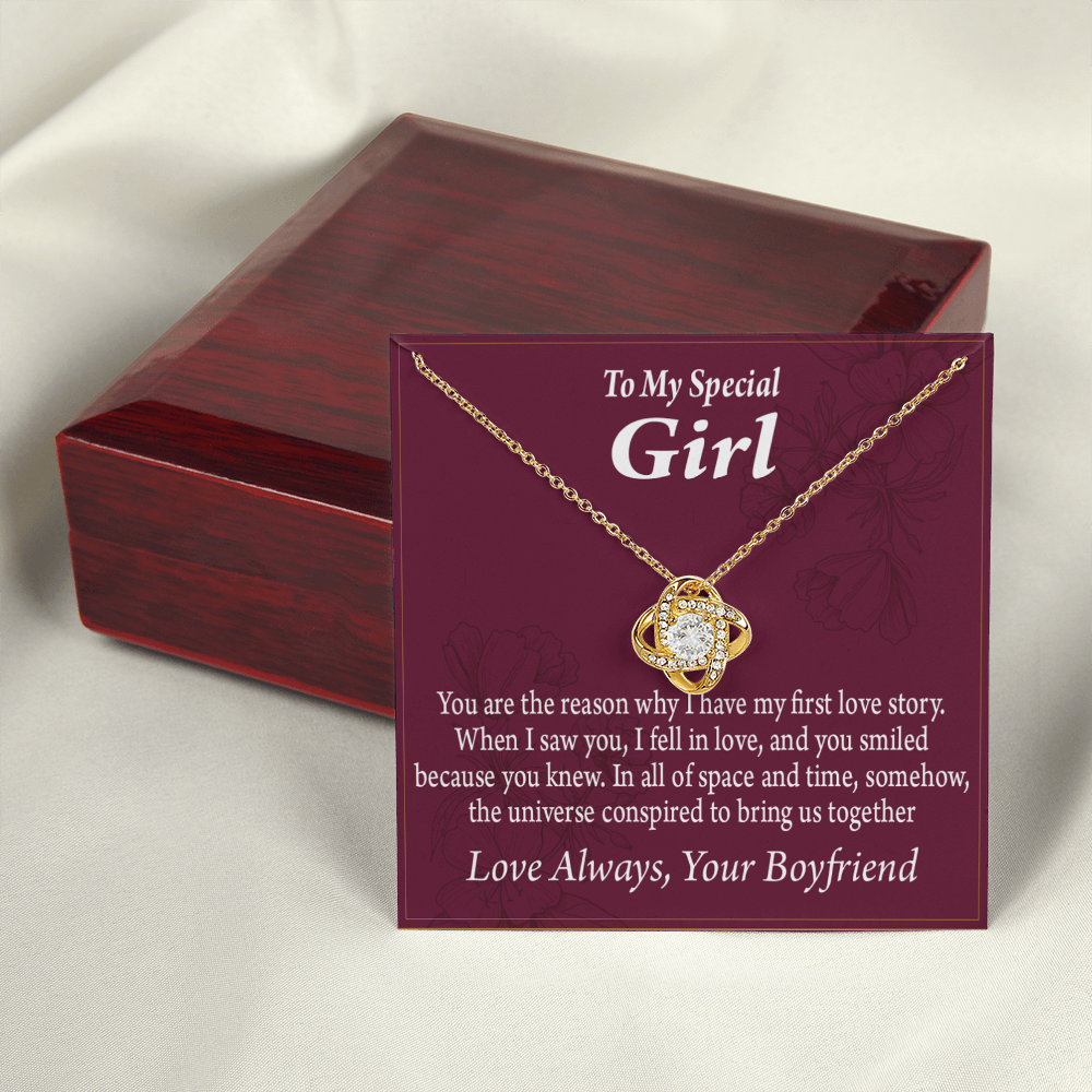 To My Girlfriend The Reason For First Love Story Infinity Knot Necklace Message Card-Express Your Love Gifts