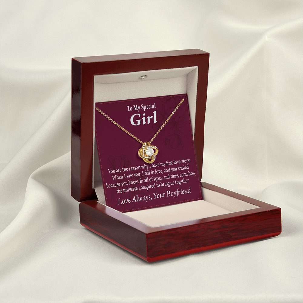 To My Girlfriend The Reason For First Love Story Infinity Knot Necklace Message Card-Express Your Love Gifts