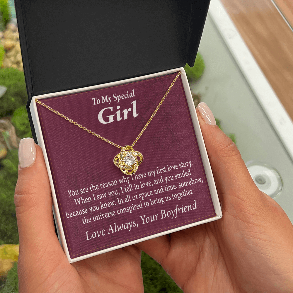 To My Girlfriend The Reason For First Love Story Infinity Knot Necklace Message Card-Express Your Love Gifts