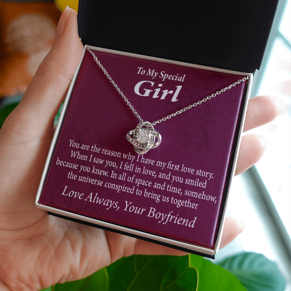 To My Girlfriend The Reason For First Love Story Infinity Knot Necklace Message Card-Express Your Love Gifts