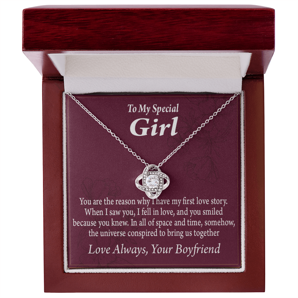 To My Girlfriend The Reason For First Love Story Infinity Knot Necklace Message Card-Express Your Love Gifts