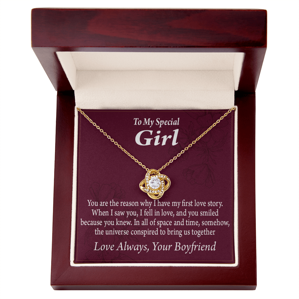 To My Girlfriend The Reason For First Love Story Infinity Knot Necklace Message Card-Express Your Love Gifts