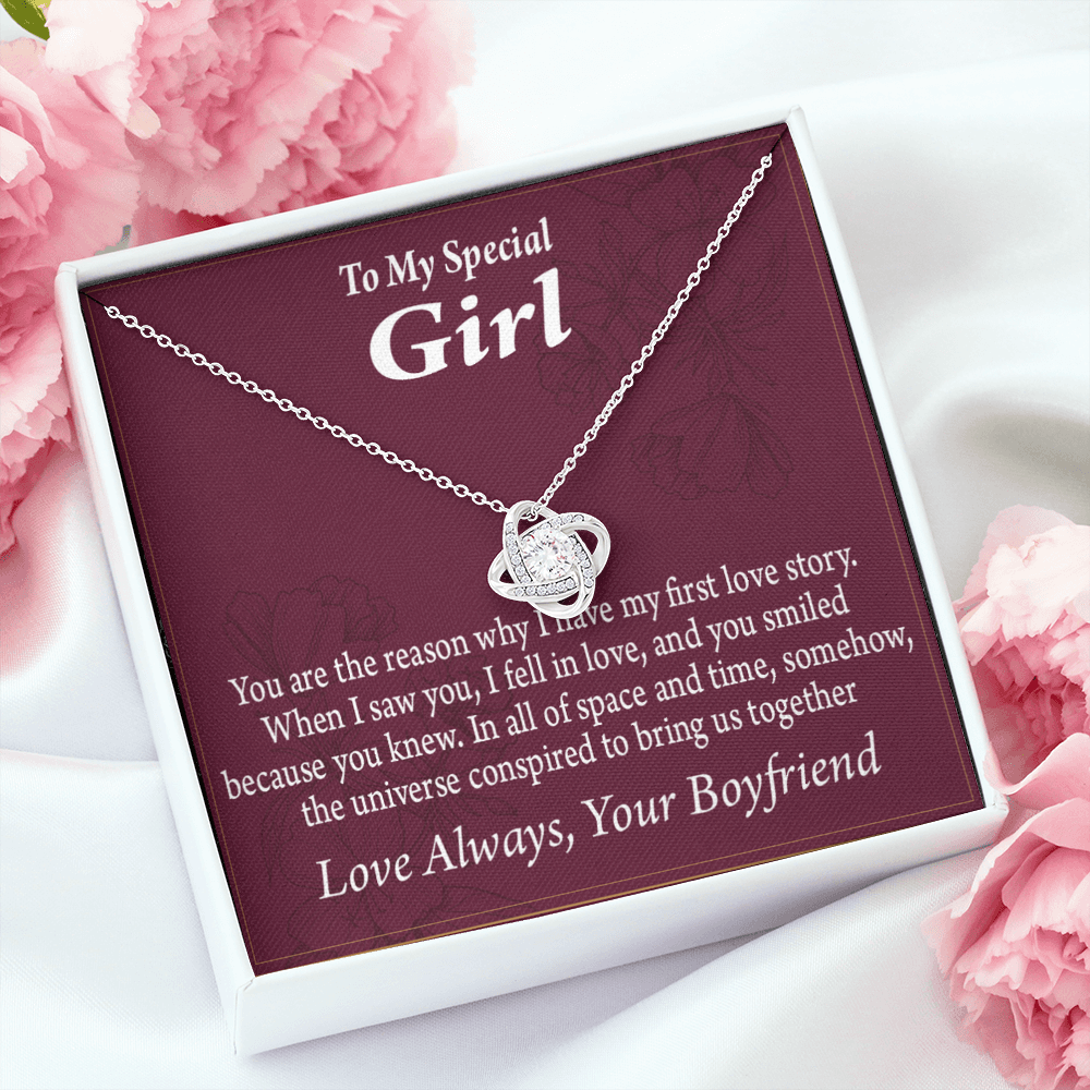 To My Girlfriend The Reason For First Love Story Infinity Knot Necklace Message Card-Express Your Love Gifts
