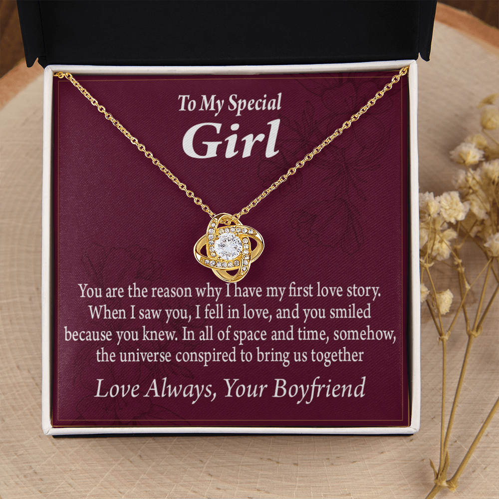 To My Girlfriend The Reason For First Love Story Infinity Knot Necklace Message Card-Express Your Love Gifts
