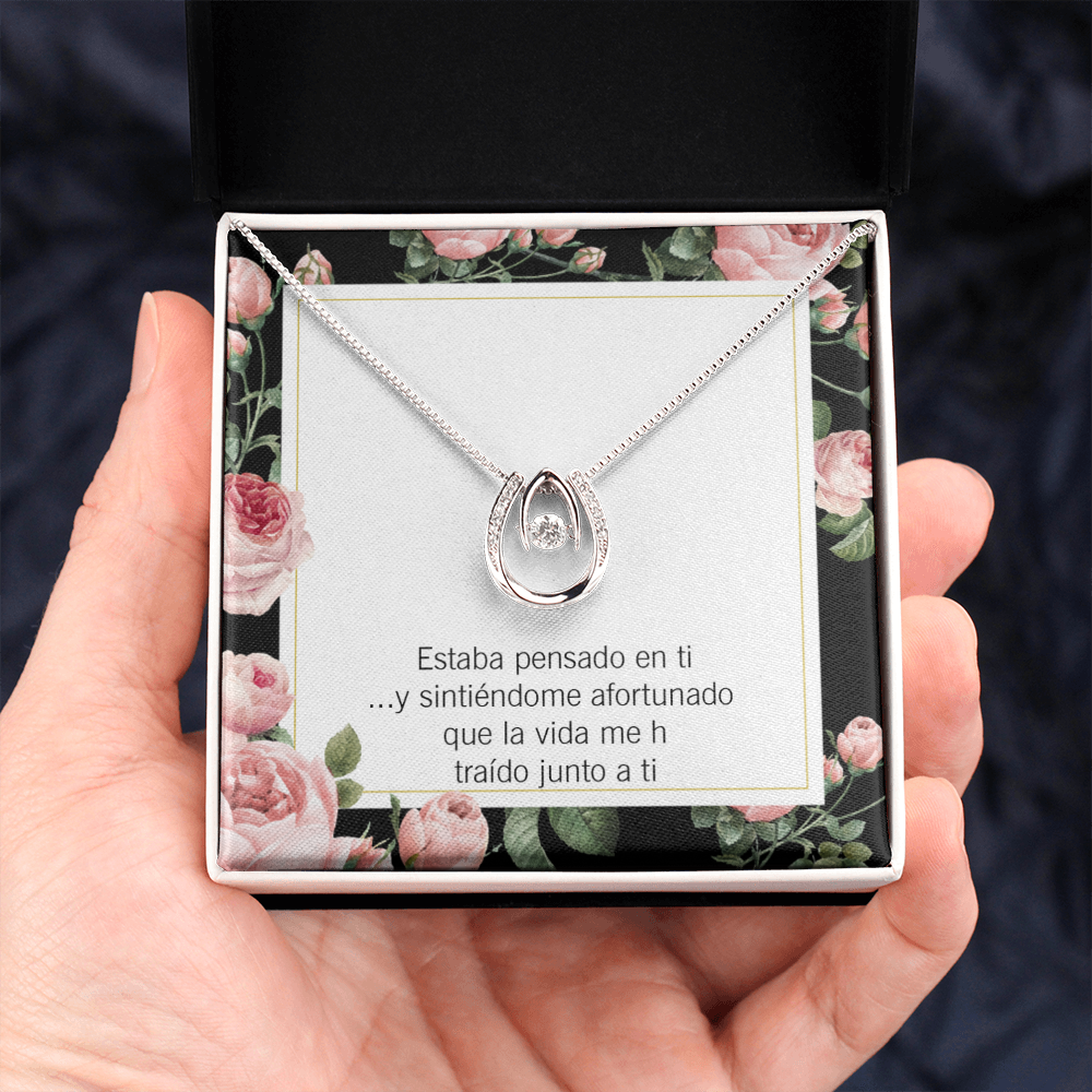 To My Girlfriend Thinking of You Spanish Lucky Horseshoe Necklace Message Card 14k w CZ Crystals-Express Your Love Gifts