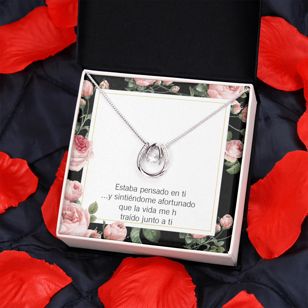 To My Girlfriend Thinking of You Spanish Lucky Horseshoe Necklace Message Card 14k w CZ Crystals-Express Your Love Gifts