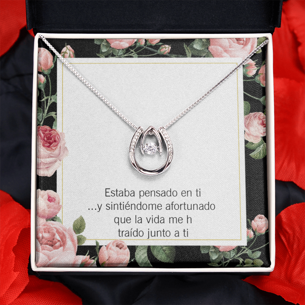 To My Girlfriend Thinking of You Spanish Lucky Horseshoe Necklace Message Card 14k w CZ Crystals-Express Your Love Gifts