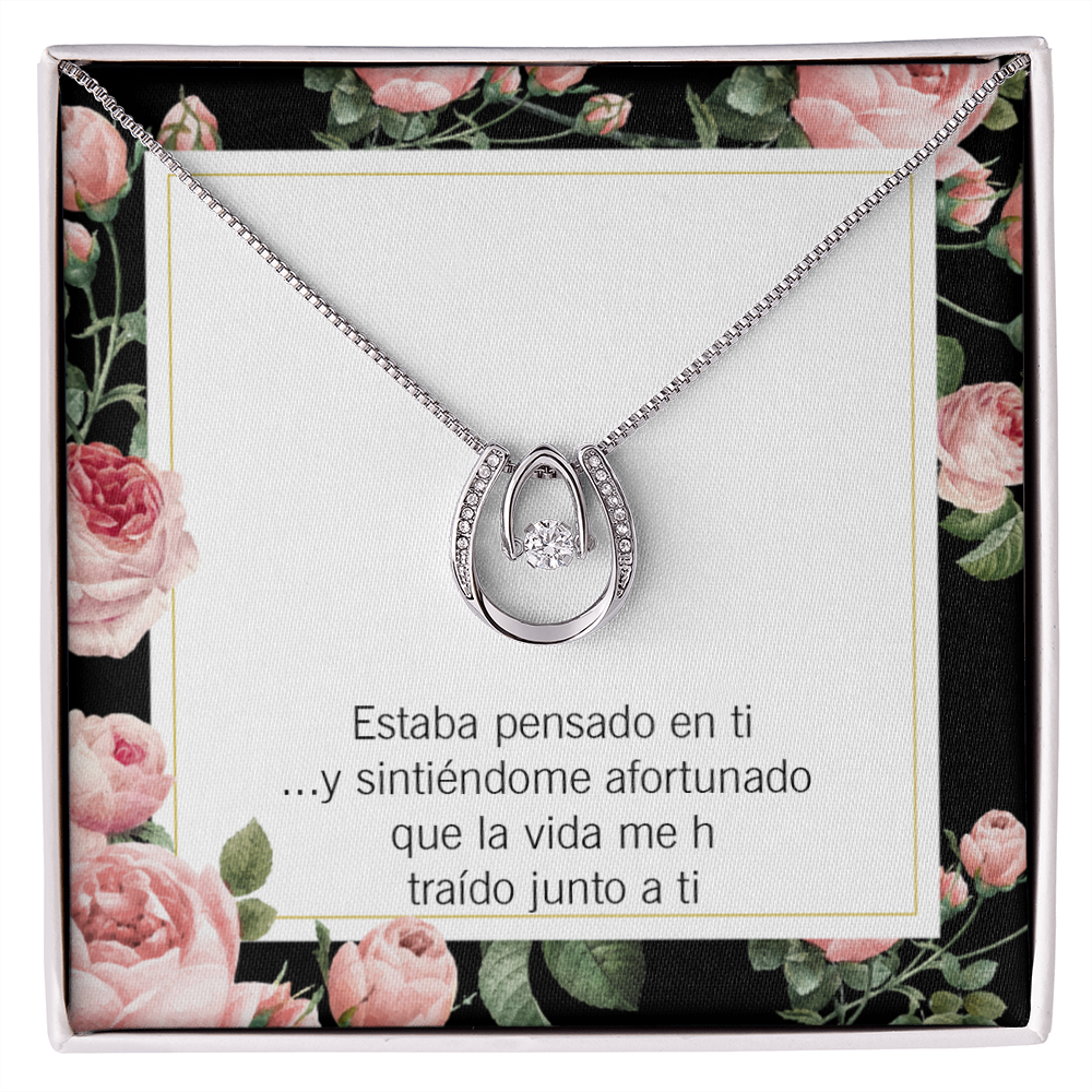 To My Girlfriend Thinking of You Spanish Lucky Horseshoe Necklace Message Card 14k w CZ Crystals-Express Your Love Gifts