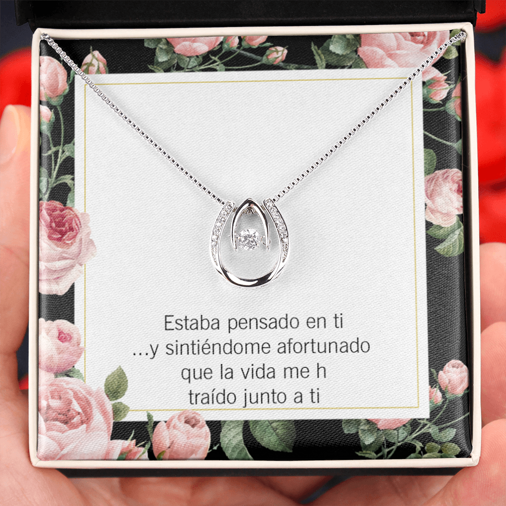To My Girlfriend Thinking of You Spanish Lucky Horseshoe Necklace Message Card 14k w CZ Crystals-Express Your Love Gifts